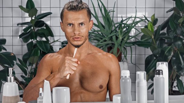 homme torse nu tenant une brosse à dents près de plantes vertes sur fond flou dans la salle de bain  - Photo, image