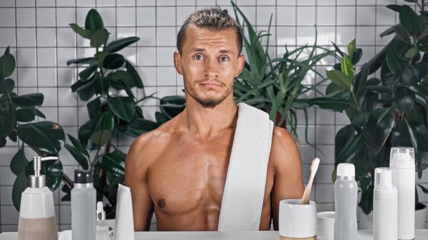 brodaty mężczyzna z ręcznikiem na ciele bez koszulki w łazience w pobliżu roślin na rozmytym tle - Zdjęcie, obraz