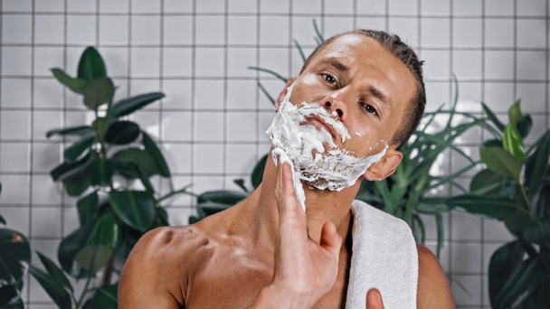 hombre sin camisa aplicando espuma de afeitar en la cara y mirando a la cámara cerca de las plantas sobre fondo borroso en el baño - Foto, Imagen