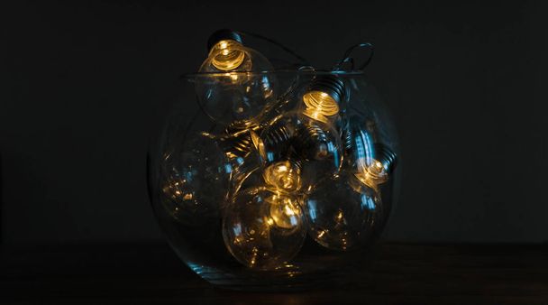 Электрические гирлянды в виде лампочки в прозрачном шаре сияют в темноте  - Фото, изображение