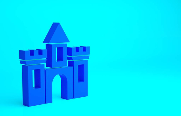 Icono del Castillo Azul aislado sobre fondo azul. Fortaleza medieval con torre. Protección de los enemigos. Fiabilidad y defensa de la ciudad. Concepto minimalista. 3D ilustración 3D render. - Foto, imagen