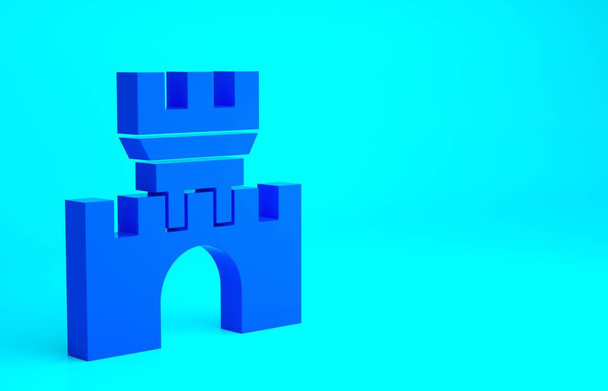 Blue Castle icon isolated on blue background. Medieval fortress with a tower. Protection from enemies. Reliability and defense of the city. Minimalism concept. 3d illustration 3D render. - Photo, Image