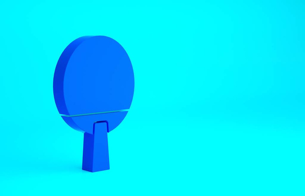 Raquette bleue pour jouer icône de tennis de table isolé sur fond bleu. Concept de minimalisme. Illustration 3D rendu 3D. - Photo, image