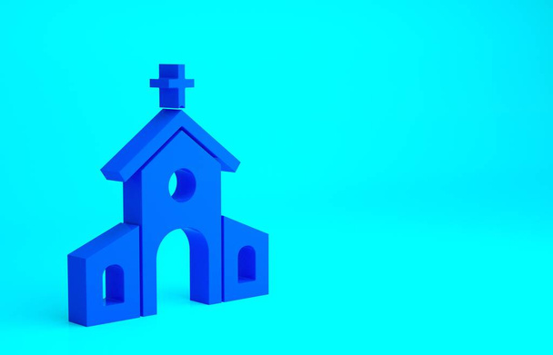 Icona della chiesa blu isolata su sfondo blu. Chiesa cristiana. Religione della chiesa. Concetto minimalista. Illustrazione 3d rendering 3D. - Foto, immagini