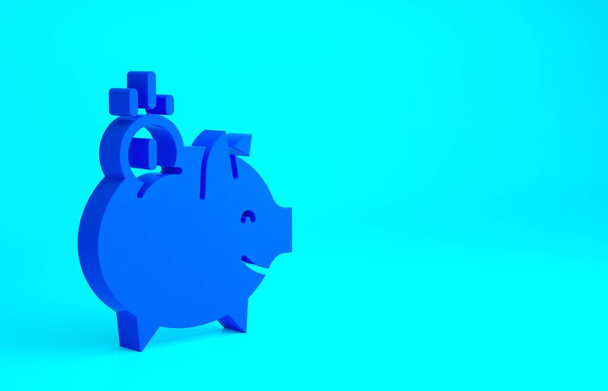 Blue Piggy pankki kolikon kuvake eristetty sinisellä pohjalla. Kuvaketta säästäminen tai kertyminen rahaa, investointeja. Minimalismin käsite. 3d kuva 3D renderöinti. - Valokuva, kuva
