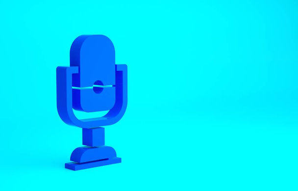 Icona microfono blu isolato su sfondo blu. Sul microfono radio in onda. Segnale di altoparlante. Concetto minimalista. Illustrazione 3d rendering 3D. - Foto, immagini