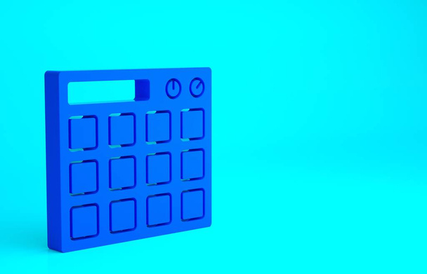 Tambor azul máquina productora de música icono de equipo aislado sobre fondo azul. Concepto minimalista. 3D ilustración 3D render. - Foto, Imagen