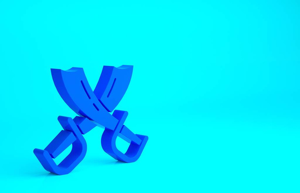 Blaues Piratenschwerter-Symbol auf blauem Hintergrund. Säbelzeichen. Minimalismus-Konzept. 3D Illustration 3D Renderer. - Foto, Bild