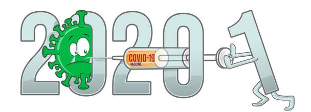 uusi vuosi 2020 jotta 2021 tekstiä covid-19 sarjakuva ja rokote. vektorikuvaus - Vektori, kuva