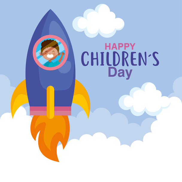 Glücklicher Kindertag mit Junge im Raketenvektordesign - Vektor, Bild