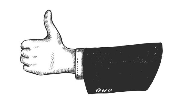 Mão de vetor desenhada mão grande polegar, gesto de homem em jaqueta preta. Isolado em fundo branco. Icon ilustração. - Vetor, Imagem