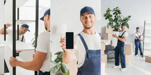 collage de movers que llevan estante, trabajador feliz que sostiene el smartphone y la planta  - Foto, Imagen