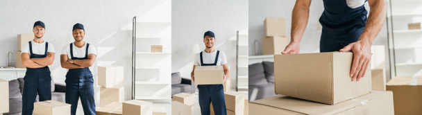 Коллаж тележки в форме и кепке держателя коробки и рабочих, стоящих со скрещенными руками в квартире  - Фото, изображение
