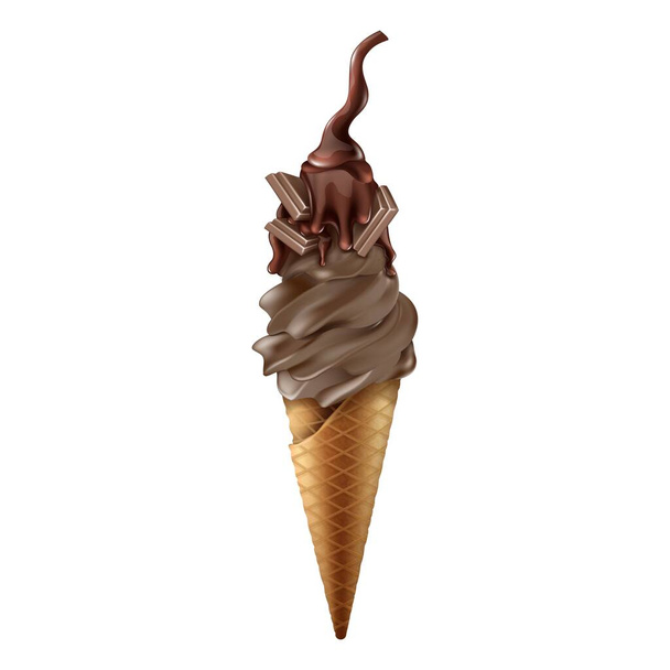 コーン中のアイスクリームの3Dリアルなベクトルチョコレートコレクション。白地に隔離された. - ベクター画像