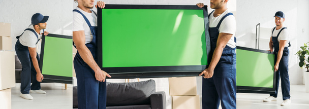 collage of multicultural movers in uniform carrying plasma tv with green screen in apartment - Photo, Image