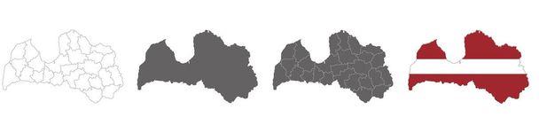 conjunto de mapas políticos de Letonia con regiones y mapa de la bandera aislados sobre fondo blanco - Vector, Imagen
