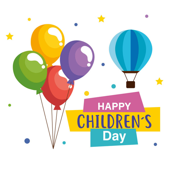 Felice giorno dei bambini con palloncini e progettazione vettoriale mongolfiera - Vettoriali, immagini