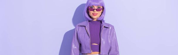 young woman dressed in doll style on violet colorful background, banner - Foto, Imagem