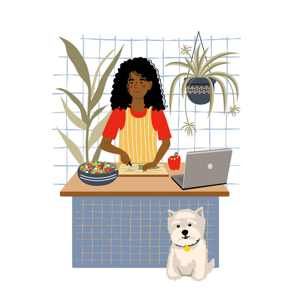 Sonriente ensalada de cocina de chica afroamericana en la mesa de la cocina utilizando el ordenador portátil. Niña preparando comidas caseras. Cocina vegetariana. Concepto de cocina online. ilustración plana vector de dibujos animados. - Vector, imagen