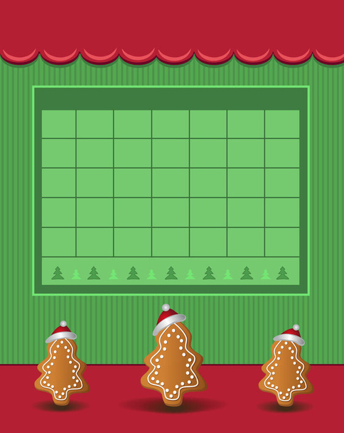 Calendário dezembro Natal para o ano 2021, árvores com pão de gengibre com um boné, cor verde vermelha, modelo em branco - Foto, Imagem