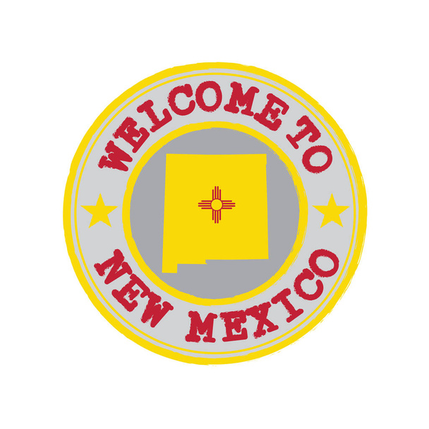 Vector Pieczęć witamy w Nowym Meksyku z flagą stanową na konturze mapy w centrum. Grunge Rubber Texture Pieczęć powitania w Nowym Meksyku. - Wektor, obraz