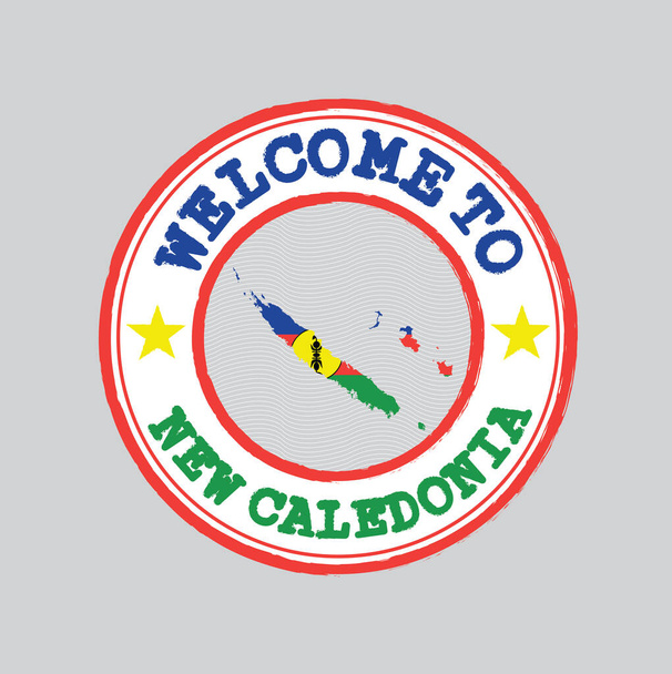 Векторная марка приветствия Новой Каледонии с национальным флагом на карте в центре. Грязный знак приветствия в Новой Каледонии. - Вектор,изображение