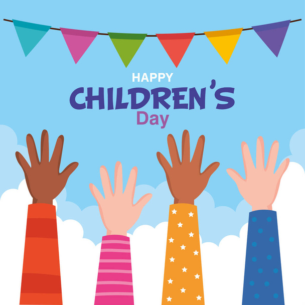 Ευτυχισμένη ημέρα των παιδιών με τα χέρια ψηλά διανυσματικός σχεδιασμός - Διάνυσμα, εικόνα
