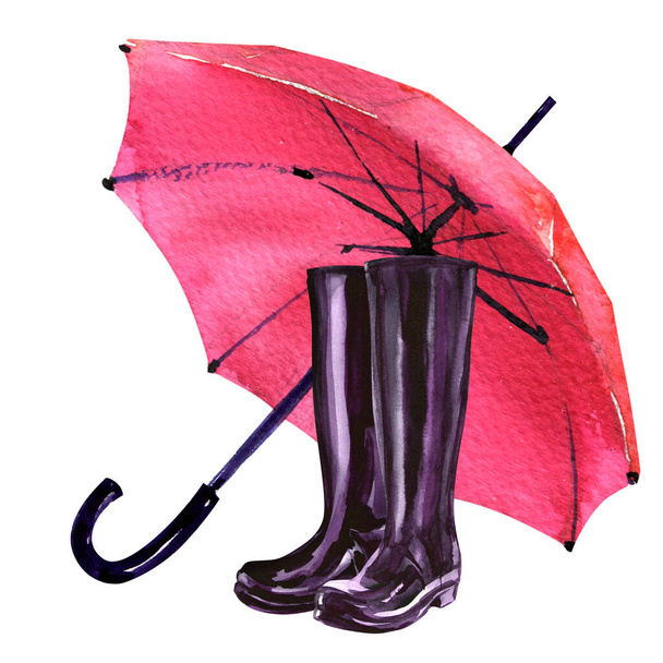 Pari musta sadekumisaappaat ja punainen sateenvarjo, sää kausi symboli, eristetty, käsin piirretty vesiväri kuva valkoinen - Valokuva, kuva