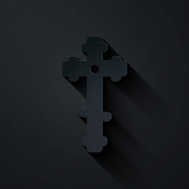 Paper cut Christian cross icon isolated on black background. Church cross. Paper art style. Vector Illustration. - Vector, Image