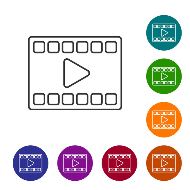 Schwarze Linie Abspielen Video-Symbol isoliert auf weißem Hintergrund. Filmstreifen mit Spielzeichen. Setzen Sie Symbole in farbigen Kreis-Tasten. Vektor. - Vektor, Bild