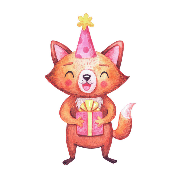 Χαριτωμένες νερόχρωμες αλεπούδες για γενέθλια. Χαρακτήρας στο λευκό. Ζώα για γιορτές - Φωτογραφία, εικόνα