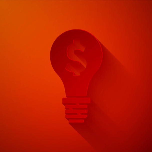 Papier coupé ampoule avec symbole dollar icône isolée sur fond rouge. L'argent fait des idées. Concept d'innovation Fintech. Style art du papier. Vecteur. - Vecteur, image