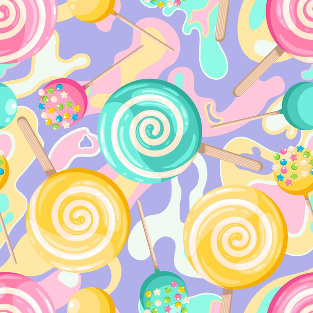 Bright colored lollipop. Sweet dessert for kids. Candy on a stick. Pink, blue, yellow spiral ball. Seamless background with pattern. - Vector, Image