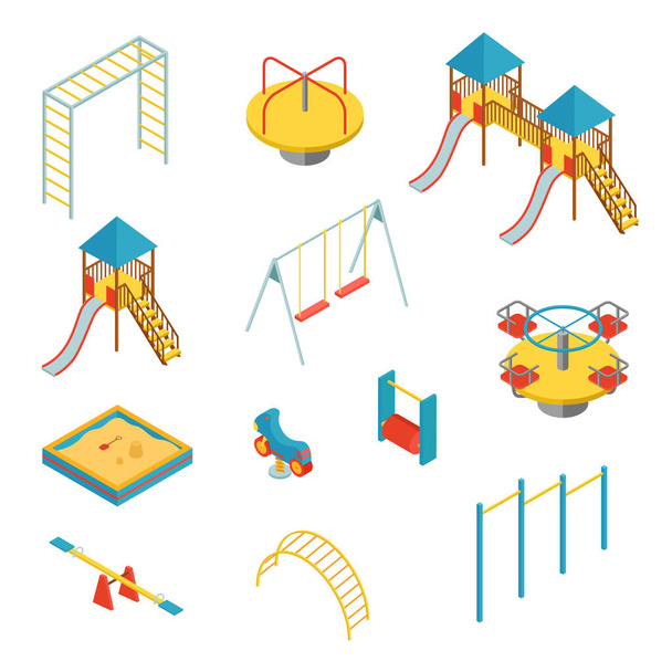 Set van isometrische elementen voor kinderspeelplaats op witte achtergrond, vectorillustratie - Vector, afbeelding