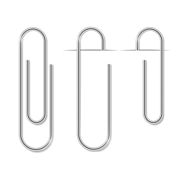 Clip set. Realistic paperclip attach. Office metal binder with shadow. Vector attach on transparent background - Vector, Image