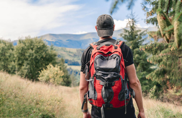 Hiker with backpack looking on mountain - Fotó, kép