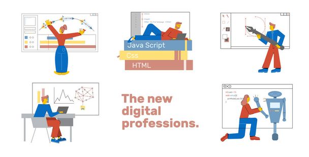 Set of the new digital it professions. Coding, animation, design, web, big data, robotics courses in school. Concept of young people learn new professions. Vector flat illustrations isolated on white. - Vector, Image