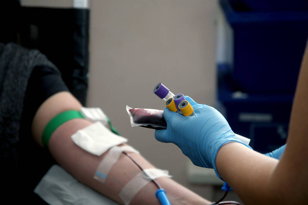 Людина, яка робить пожертвування крові в лікарні, клоап (Литва). - Фото, зображення