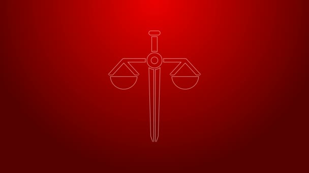 Zöld vonal Az igazság pikkelyei ikon elszigetelt vörös alapon. A bíróság szimbóluma. Mérlegtábla. 4K Videó mozgás grafikus animáció - Felvétel, videó