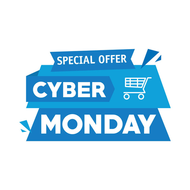 cyber monday lettering in ribbon frame with shopping cart - Vector, imagen