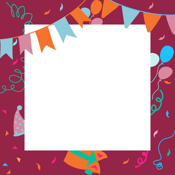 Vector Happy Birthday background. Hand-drawn Birthday sweets, party blowouts, party hats, gift boxes and bows, garlands and balloons, music notes and firework, candles on birthday pie. - Vektor, obrázek