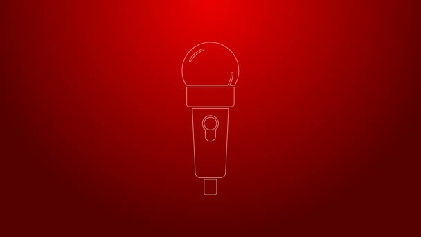 Icono de micrófono de línea verde aislado sobre fondo rojo. En el micrófono de radio de aire. Firma del portavoz. Animación gráfica de vídeo 4K - Metraje, vídeo
