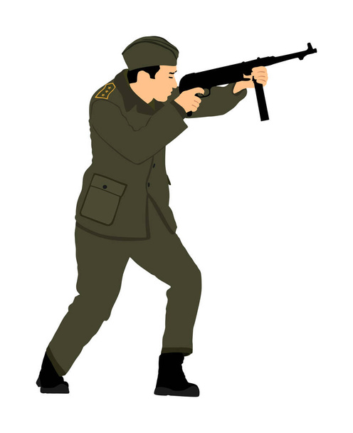 Second world war army soldier with rifle vector illustration. WW2 soldier with rifle aim and shoot at the enemy. - Vetor, Imagem