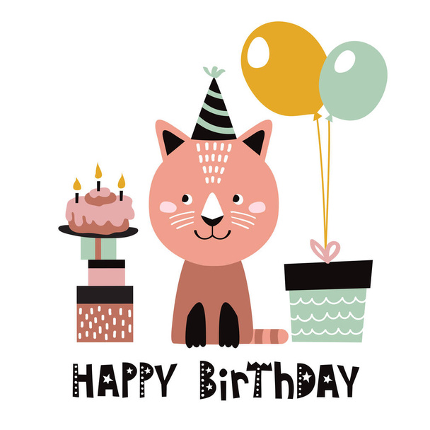 happy birthday card with cute cartoon kitten - Vector, Image