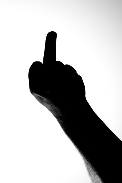 Black and white image of silhouette of hand showing middle finger in fuck off gesture - Foto, Imagen