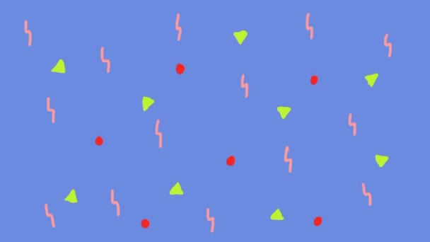 Retro kolorowy abstrakcyjny wzór tła. Styl pop art z lat 80-tych i 90-tych. Styl memphis, kształty geometryczne, trójkąty, zygzaki, kropki. - Materiał filmowy, wideo