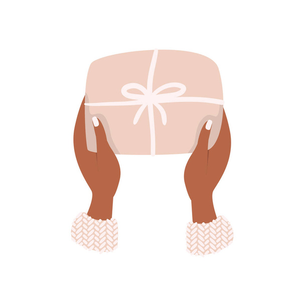 Flache Cartoon-Illustration von Frauenhänden im Pullover, die ein Geschenk in der Hand halten. Austausch von Geschenken am Vorabend verschiedener Feiertage. Grußkarte vorhanden. Tag des Boxens. Das Konzept der Geschenkverpackung für den Urlaub - Vektor, Bild