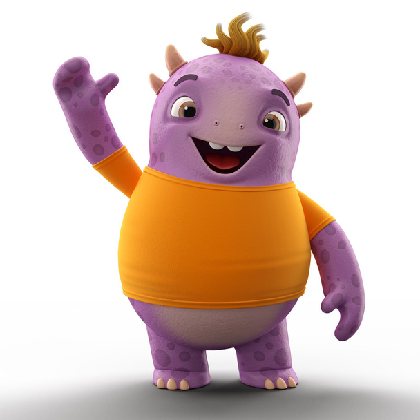 Monstruo dino púrpura con una mano arriba
 - Foto, imagen