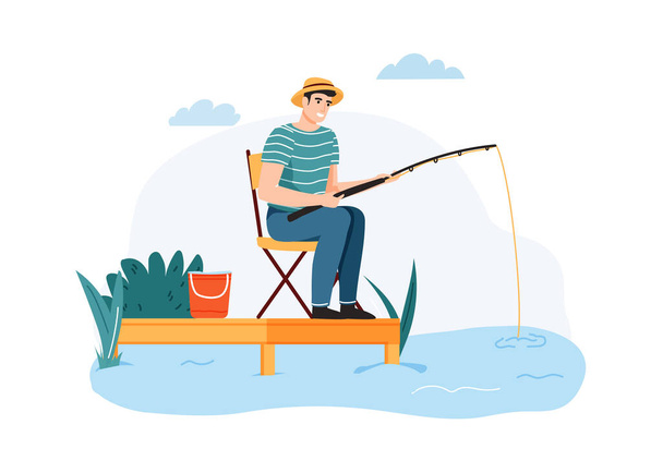 Muž rybaří. Chlápek sedící na židli s rybářskou prutem čekající na ryby, letní koníček venku. Odpočinek znaků - Vektor, obrázek
