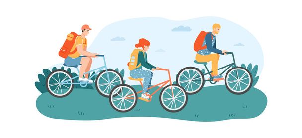 Vrouw en mannen vrienden fietsen in het park of gazon. Vrouwelijke, mannelijke personages hebben fietsactiviteit op de natuur - Vector, afbeelding